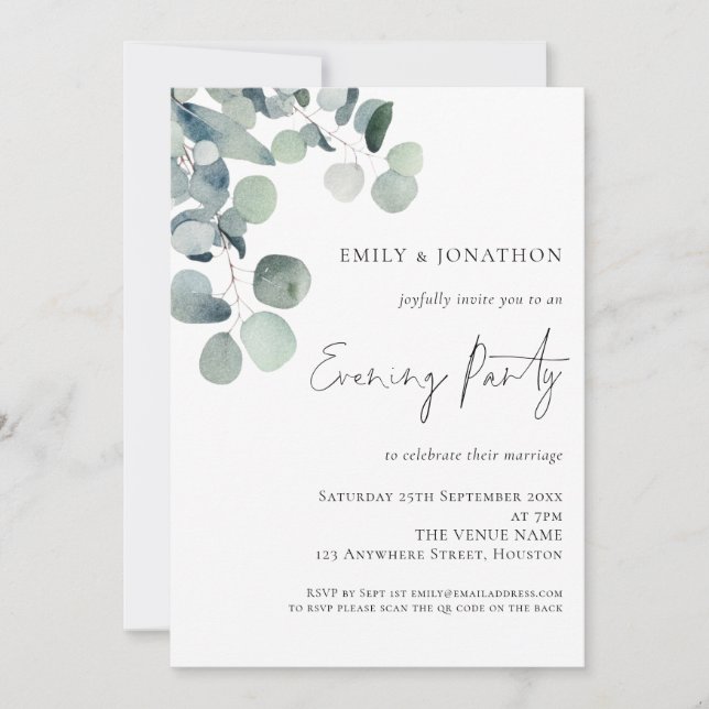 Watercolor Eucalyptus Wedding Evening Party Invitation (Front)