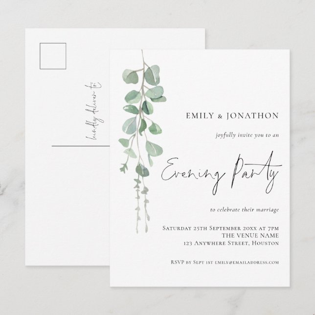 Watercolor Eucalyptus Wedding Evening Party  Invitation Postcard (Front/Back)