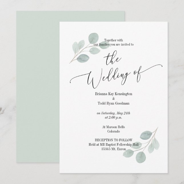 Watercolor Eucalyptus Wedding Invitation no photo (Front/Back)
