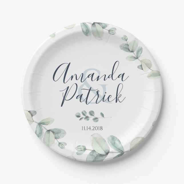 Watercolor Eucalyptus Wedding Paper Plate (Front)