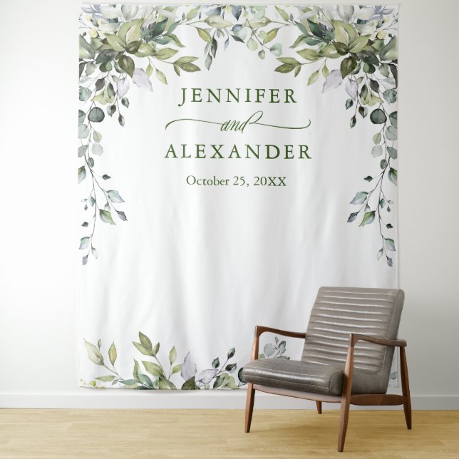 Watercolor Eucalyptus Wedding Photo Booth Backdrop Tapestry (In Situ)
