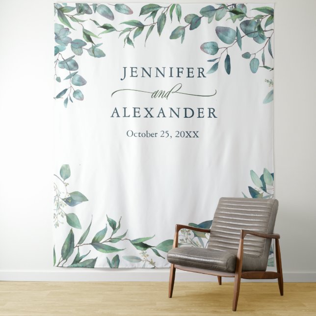 Watercolor Eucalyptus Wedding Photo Booth Backdrop Tapestry (In Situ)