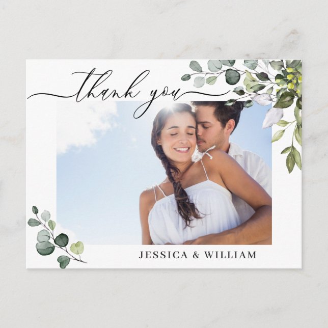 Watercolor Eucalyptus Wedding Photo Thank You Postcard (Front)