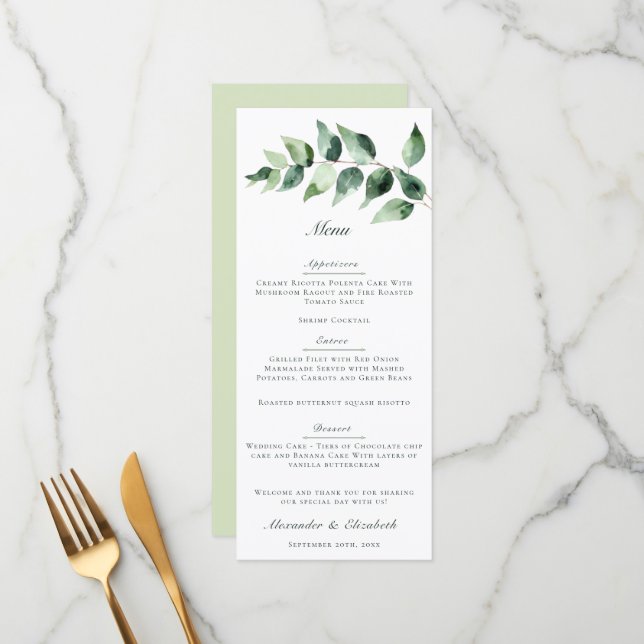Watercolor Eucalyptus Wedding | White Menu (Front/Back In Situ)