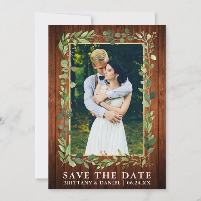 Watercolor Eucalyptus Wood Gold Save The Date Card (Front)