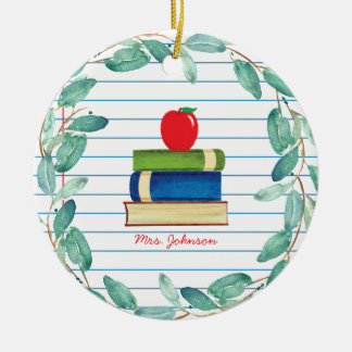Watercolor Eucalyptus Wreath Apple Books Teacher Ceramic Ornament