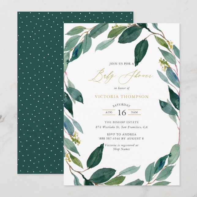 Watercolor Eucalyptus Wreath Baby Shower Invitation (Front/Back)