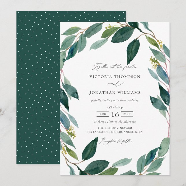 Watercolor Eucalyptus Wreath Botanical Wedding Invitation (Front/Back)