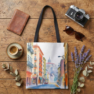 Watercolor European City Street Tote Bag