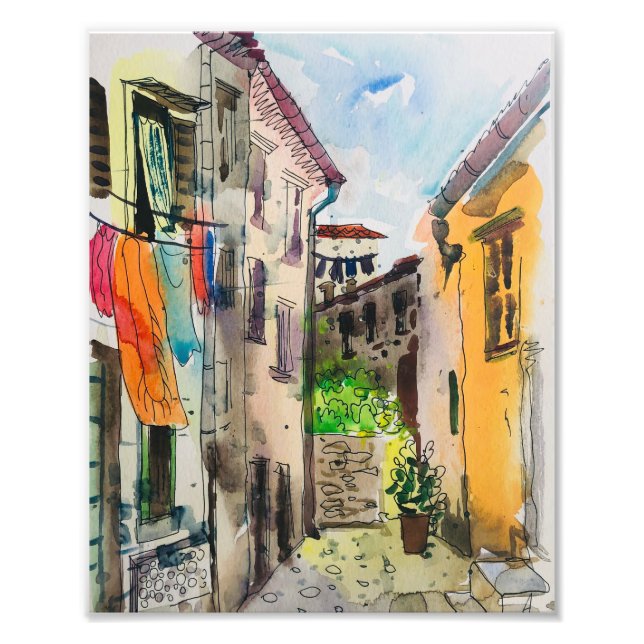 Watercolor, European medieval city Photo Print (Front)