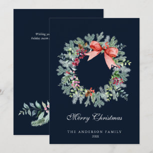 Watercolor Evergreen and Holly Berries Wreath Blue Holiday Card