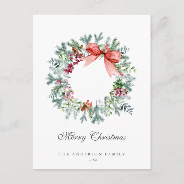 Watercolor Evergreen and Holly Berries Wreath Holiday Postcard (Front)