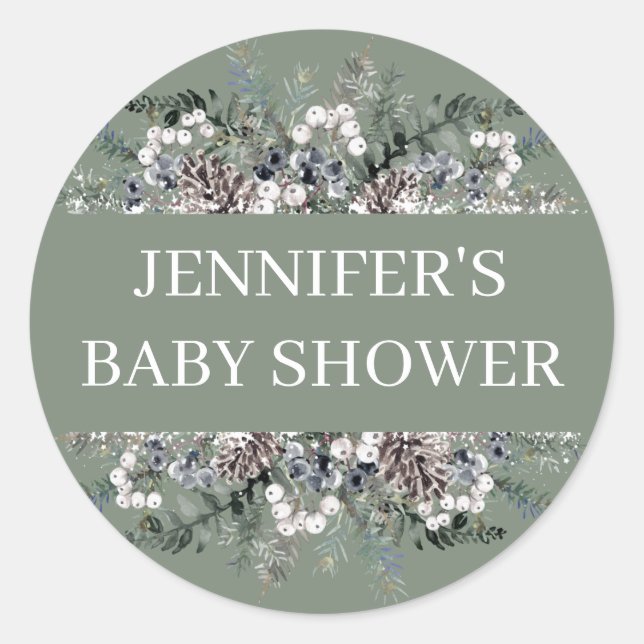 Watercolor evergreen baby shower  classic round sticker (Front)