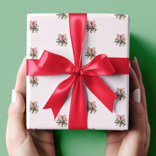 Watercolor Evergreen, Berries, and Red White Bow Wrapping Paper