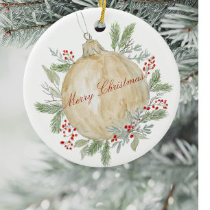 Watercolor Evergreen Golden Christmas  Ceramic Ornament