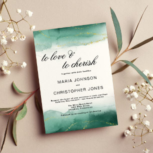 Watercolor evergreen white gold glitter wedding invitation