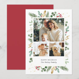 Watercolor Evergreens, Green and Gold, Three Photo Holiday Card