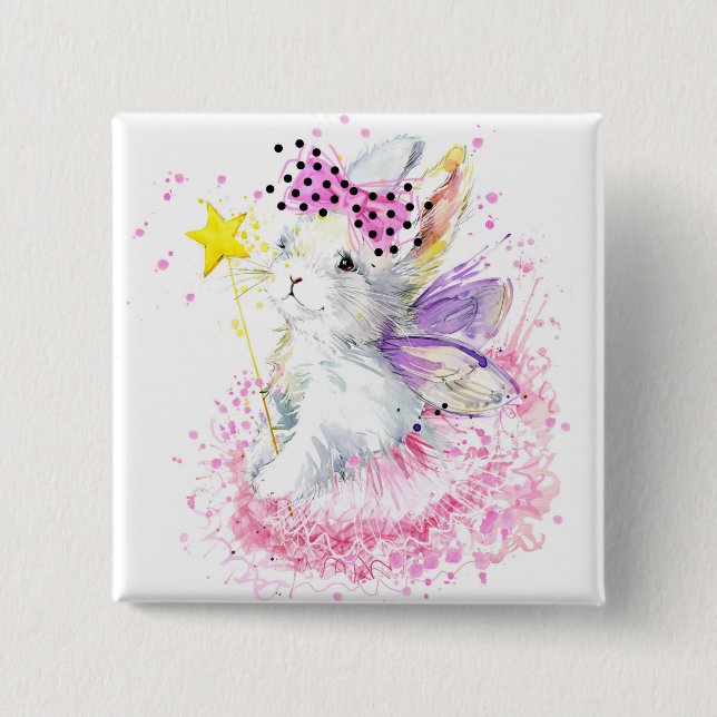 Watercolor Fairy Bunny 2 Inch Square Button (Front)