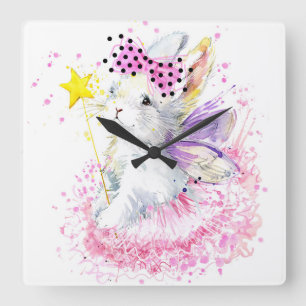 Watercolor Fairy Bunny Square Wall Clock