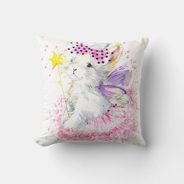 Watercolor Fairy Bunny Throw Pillow (Front)