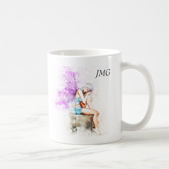 Watercolor Fairy in Blue with Monogram Coffee Mug (Right)
