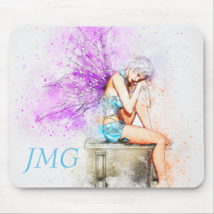 Watercolor Fairy in Blue with Monogram Mouse Pad
