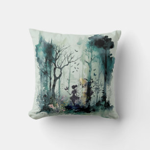 Watercolor Fairy in Forest Throw Pillow
