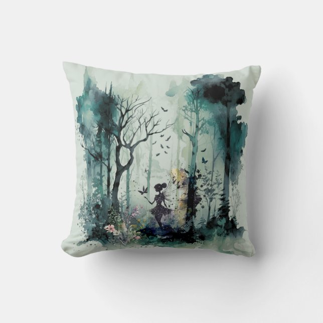 Watercolor Fairy in Forest Throw Pillow (Front)