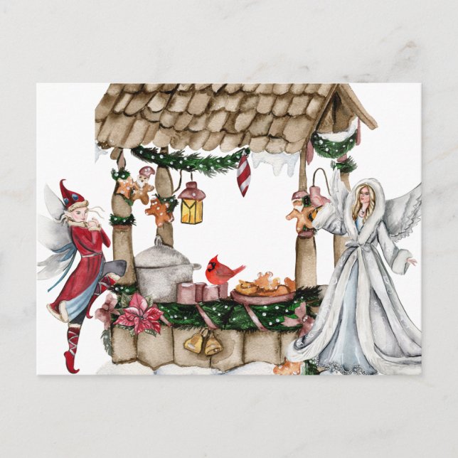 Watercolor Fairy Tale Christmas Angel and Elf  Holiday Postcard (Front)