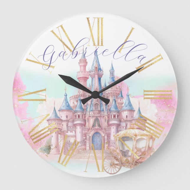 Watercolor Fairy Tale Theme Castle & Carriage Large Clock (Front)