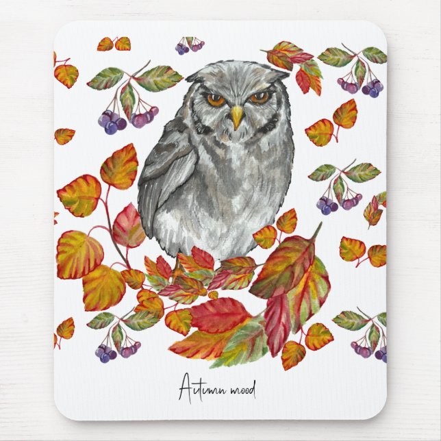 Watercolor fall beautiful owl and leaves canvas pr mouse pad (Front)