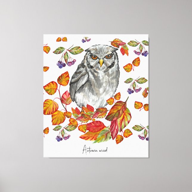 Watercolor fall beautiful owl and leaves canvas print (Front)