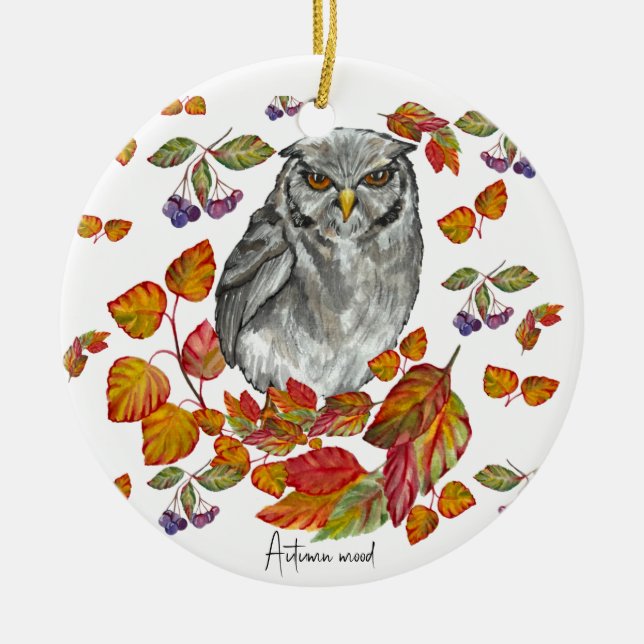 Watercolor fall beautiful owl and leaves ceramic ornament (Front)