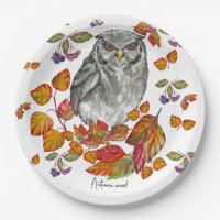 Watercolor fall beautiful owl and leaves