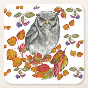 Watercolor fall beautiful owl and leaves square paper coaster