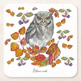 Watercolor fall beautiful owl and leaves square paper coaster