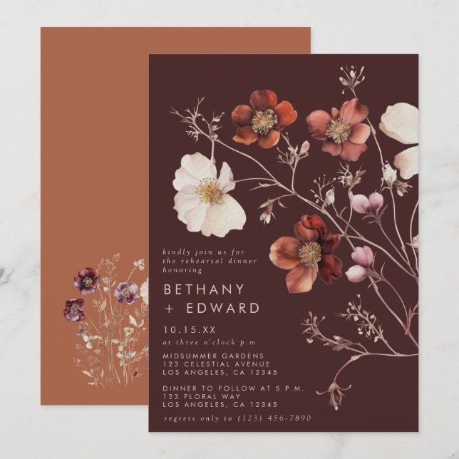 Watercolor Fall Brown Wildflower Rehearsal Dinner Invitation (Front/Back)