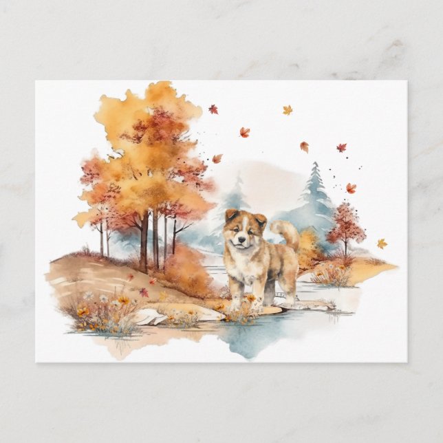 Watercolor Fall Dog Design- Akita Postcard (Front)