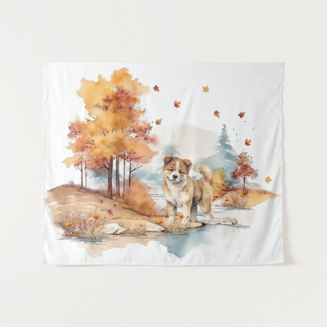 Watercolor Fall Dog Design- Akita Tapestry (Front (Horizontal))