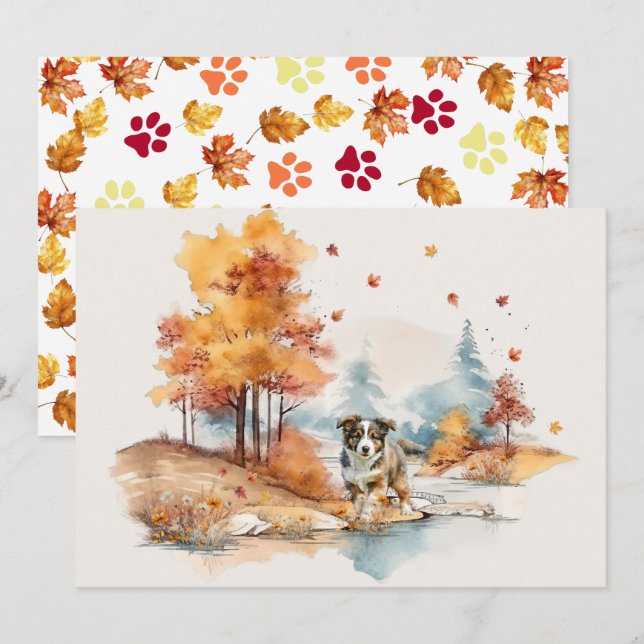 Watercolor Fall Dog Design- Australian Shepherd Card (Front/Back)