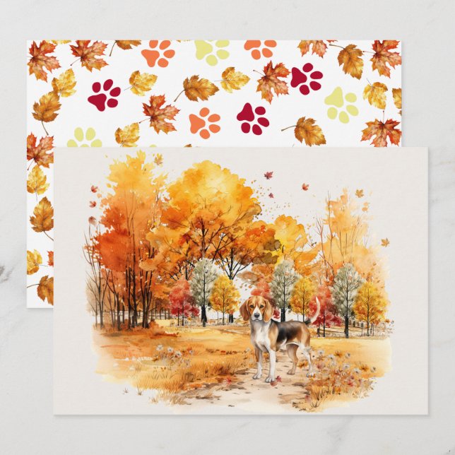 Watercolor Fall Dog Design- Beagle Card (Front/Back)