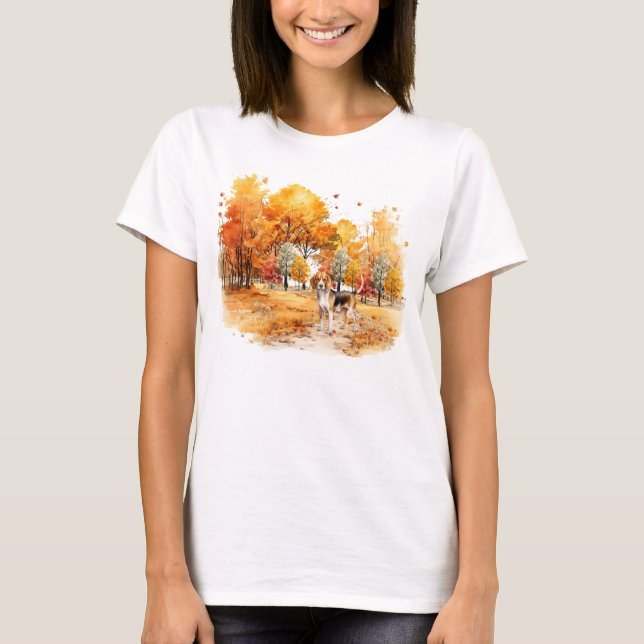 Watercolor Fall Dog Design- Beagle T-Shirt (Front)