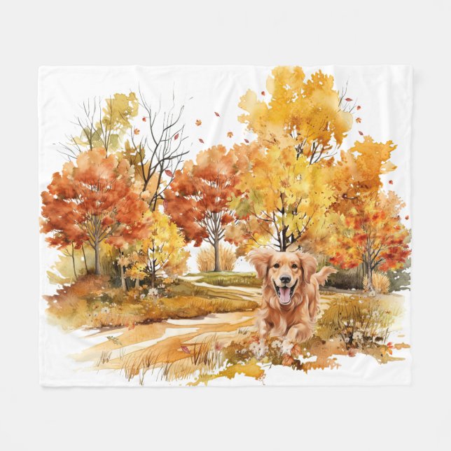 Watercolor Fall Dog Design- Golden Retriever Fleece Blanket (Front (Horizontal))