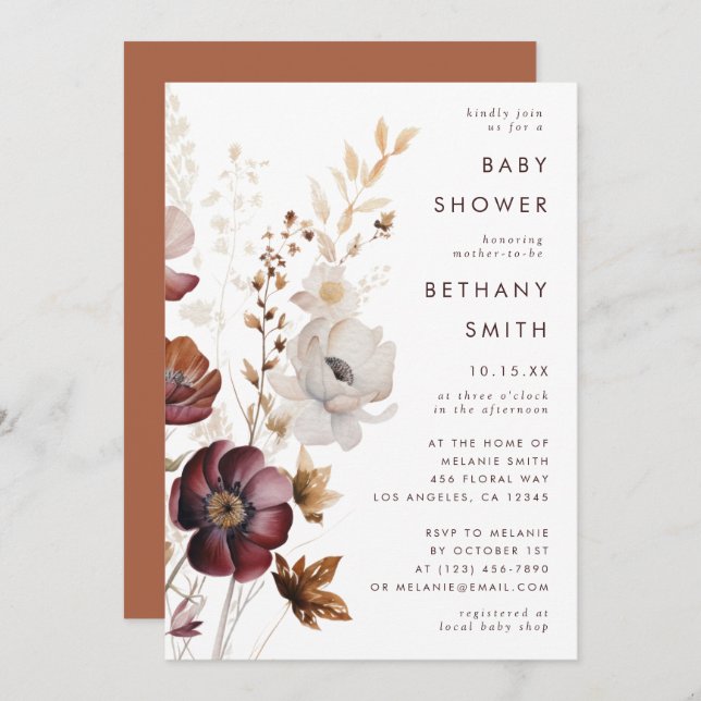 Watercolor Fall Floral Baby Shower Invitation (Front/Back)