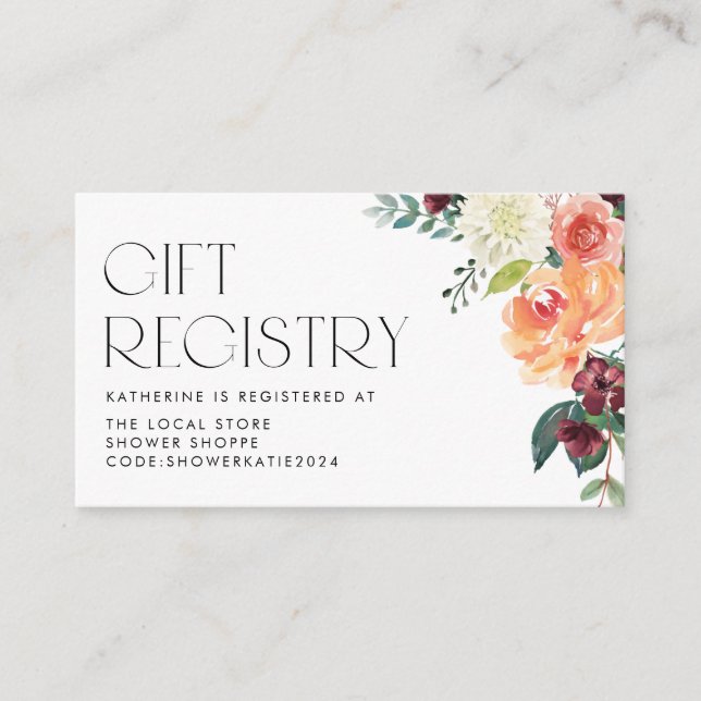 Watercolor Fall Floral Baby Shower Registry Enclosure Card (Front)