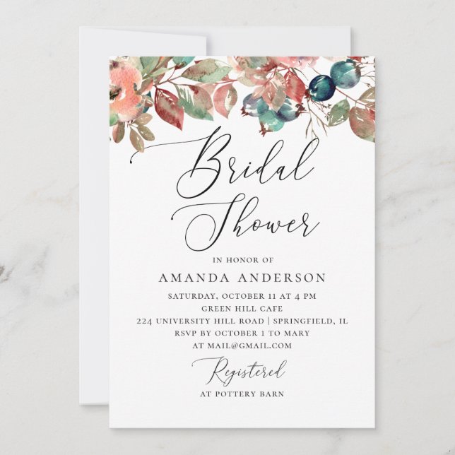 Watercolor fall floral blueberry bridal shower invitation (Front)