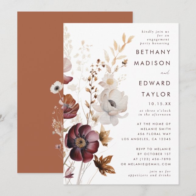 Watercolor Fall Floral Engagement Party Invitation (Front/Back)