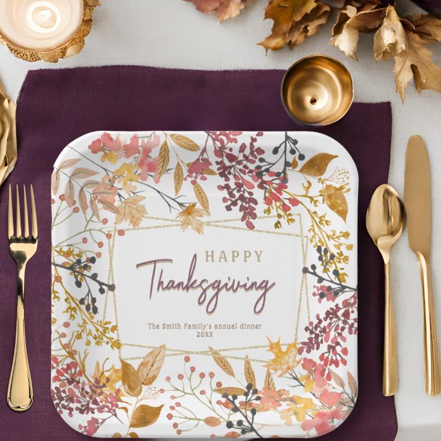 Watercolor fall floral happy thanksgiving name paper plate (Creator Uploaded)