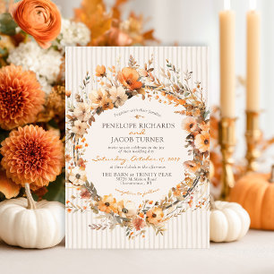 Watercolor Fall Floral Ivory Brown Autumn Wedding Invitation