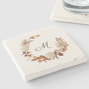 Watercolor Fall Floral Leaves Foliage Monogram Sto Stone Coaster